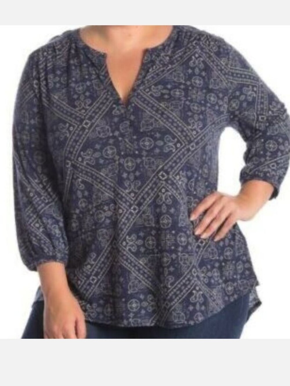 Lucky Brand Navy and Beige Bandana Patterned V-Neck Henley Tunic Plus Size 3X